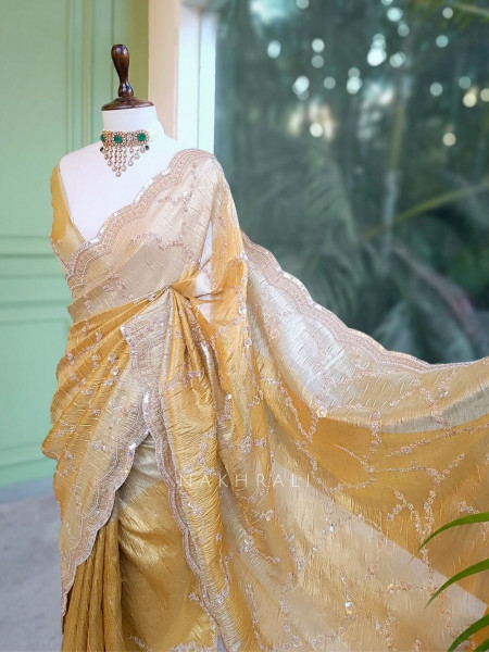 Aarna Gold Beige Organza Saree with Sequin Cut Dana Work