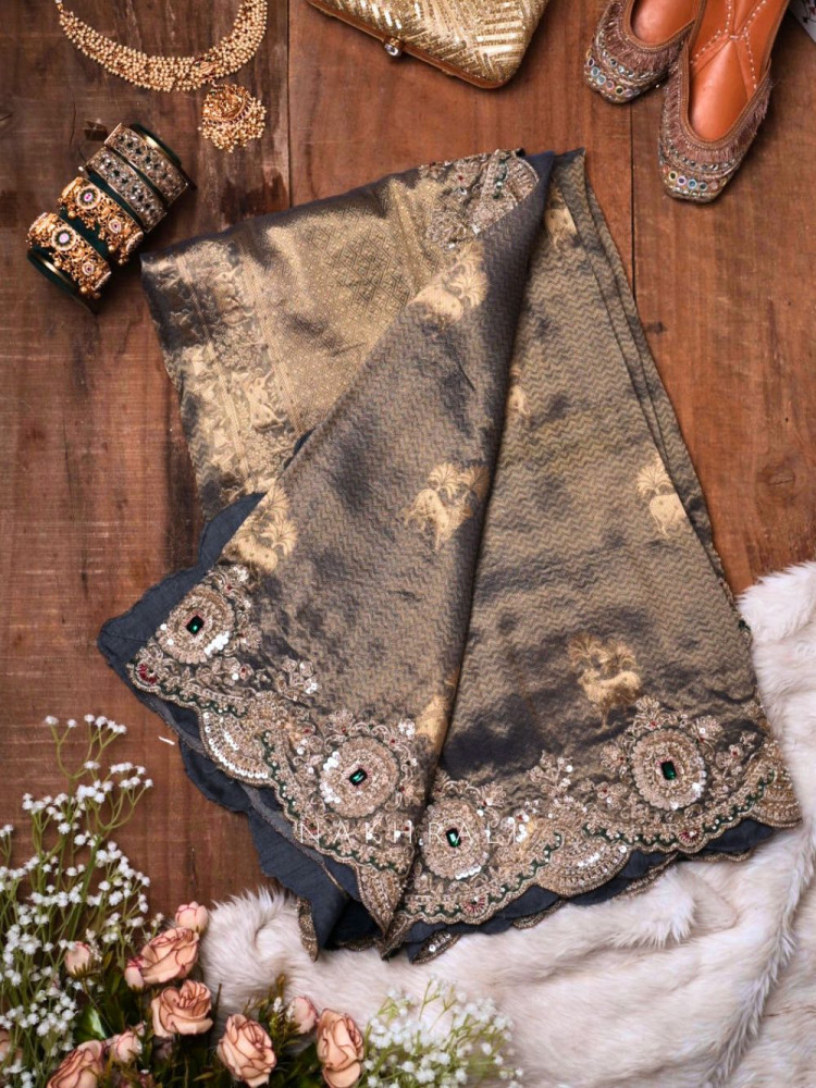 Image of Devyani Teal Blue Tissue Silk Saree with Zari and Zardozi Work