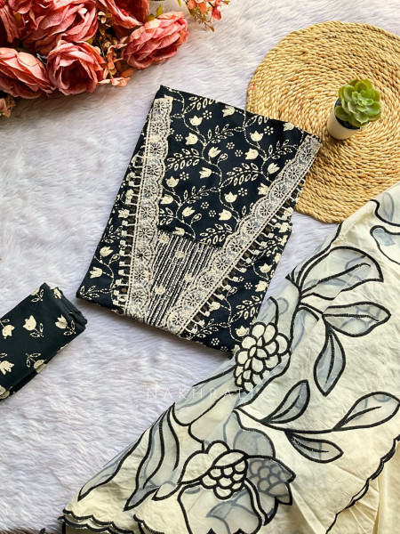 Kaira Noir Black Cotton Floral Dress Material