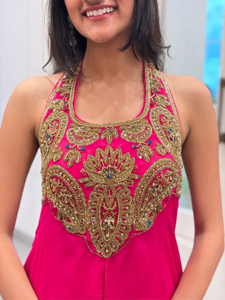 Sutra-Lekha Magenta Indo Western Palazzo Set With Embellished Yoke