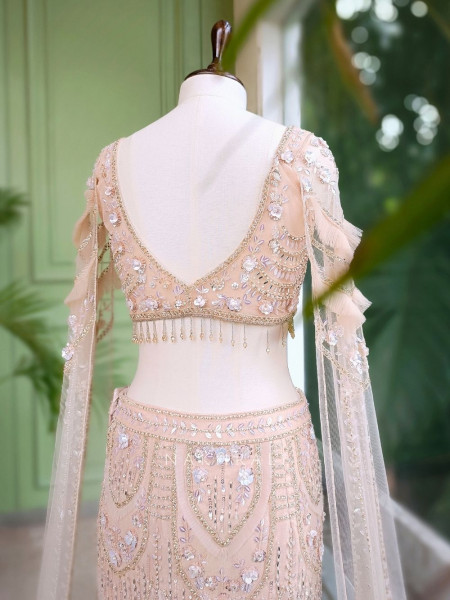 Elivra Beige Net Indo-Western Lehenga with Beads & Sequin Work