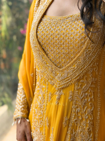 Zyara Yellow Suit Set with Cut Dana and Zari Work
