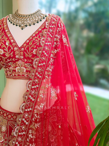Vermillion Red Silk Velvet Bridal Lehenga With Zardozi, Dabka & Doli Motif Work
