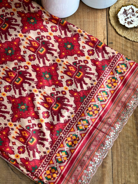 Aarini Maroon Patola Print Saree with Mirror Work Border