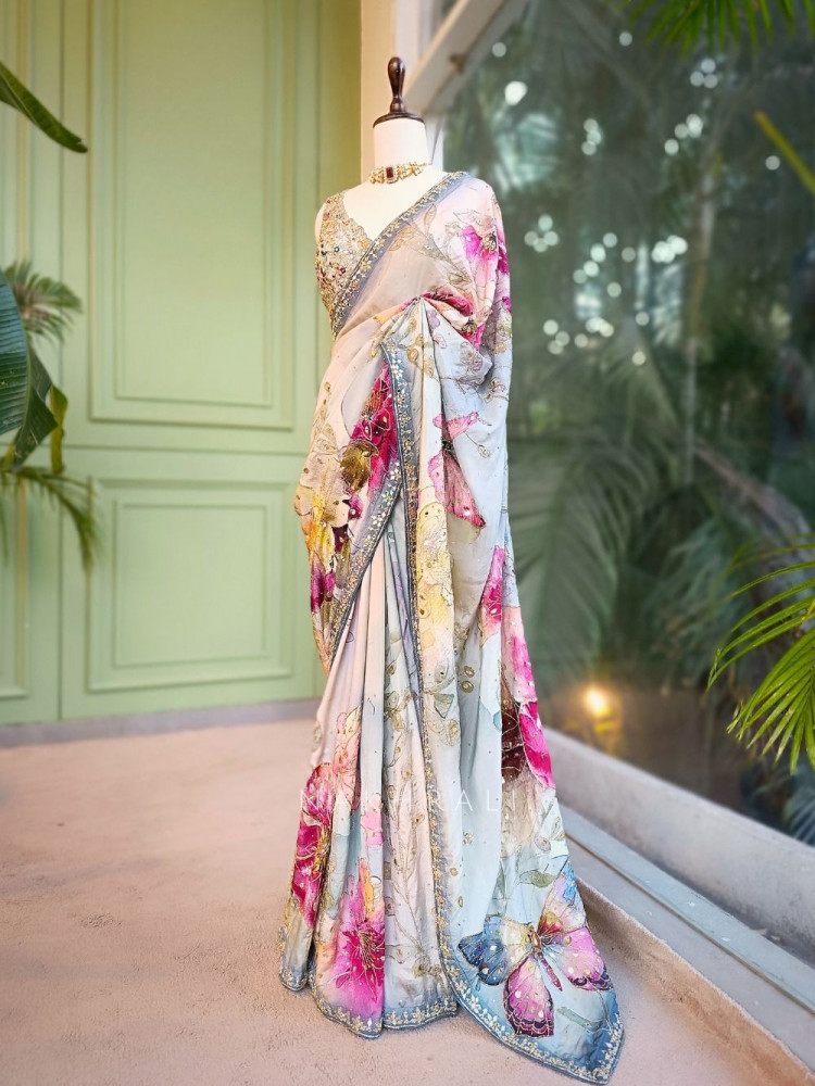 Image of Florie Multicolor Floral Saree with Zari and Mirror Work Blouse