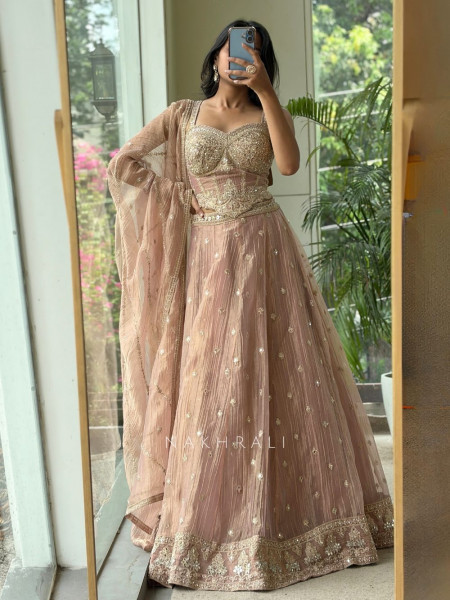 Zuri Peach Embroidered Indo Western Lehenga Set