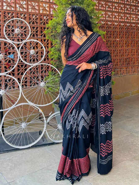 Midnight Loom Black Cotton Block Print Saree