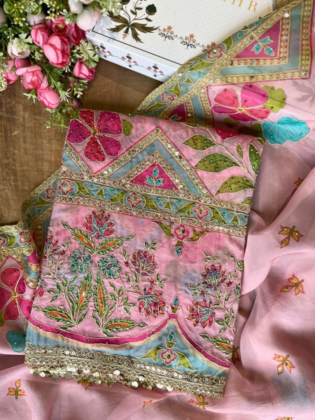 Gulrani Pink Embroidered Dress Material with Floral Geometric Work