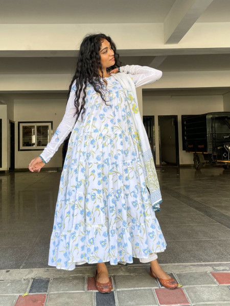 Kiyana Blue Cotton Suit Set with Floral Print