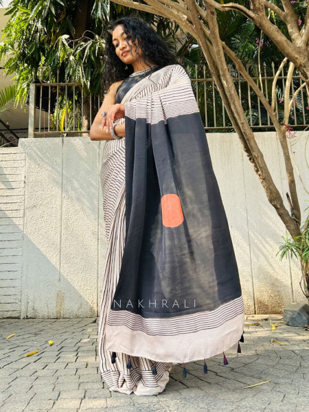 Divya Cream Modal Stripe Printed Saree Collection