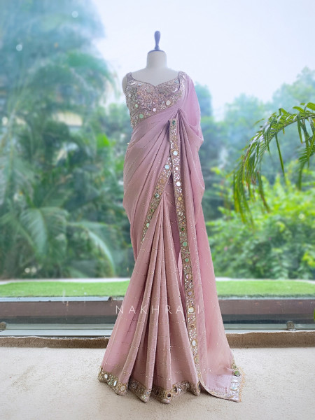 Mrinmayi Dusty Rose Crushed Georgette Saree with Readymade Blouse