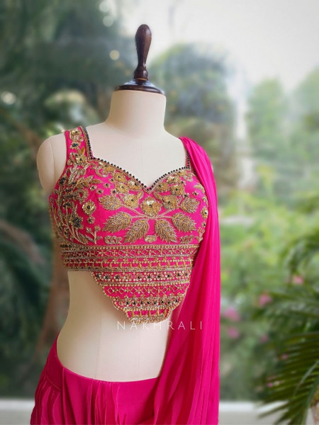 Fuchsia Magenta Pre-Drape Saree with Sequin, Beads, and Cut Dana Work
