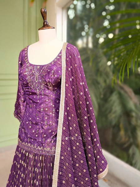 Saanvi Purple Embroidered Kurta Lehenga Set with Dupatta