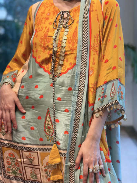 Jharokha Mustard Modal Satin Silk Suit Set