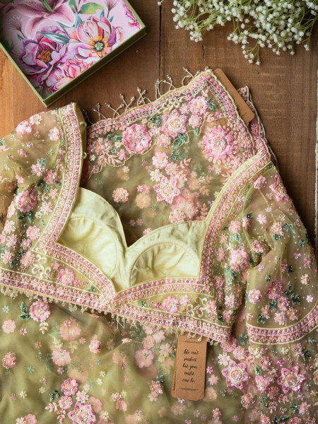 Odette Green Floral Embroidered Saree with Readymade Blouse