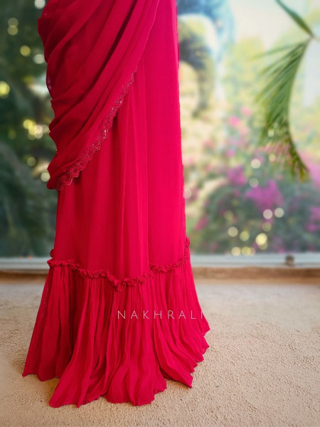 Serenara Red Drape Saree with Embellished Cape
