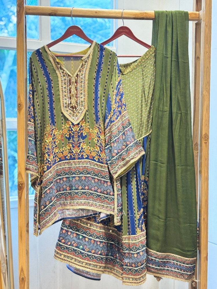 Image of Olive Oasis Olive Green Modal Satin Gharara Suit Set