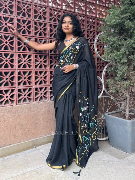 Sanjh black Mull Cotton Saree with Thread Embroidery