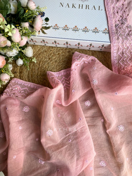 Ishira Pink Embroidered Cotton Dress Material Set