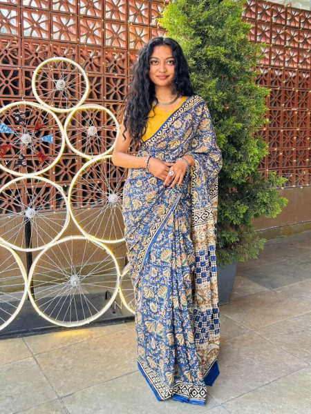 Niva Blue Cotton Saree with Floral Print