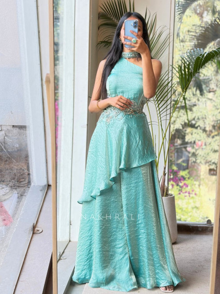 Ishani Aqua Blue Indo-Western Set with Sequin Waist Work