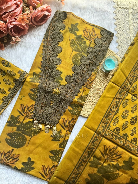 Vriksha Mehendi Green Floral Printed Dress Material with Lace Work