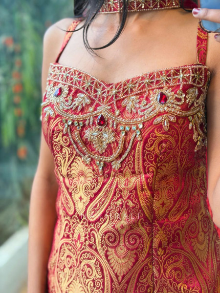 Afsana Maroon Brocade Palazzo Kurta Set with Zari Bead Work