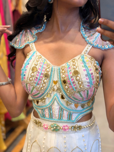 Nymera White Embellished Jumpsuit with Mirror Bead Work