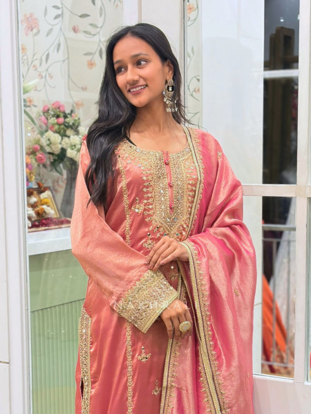 Triveni Pink Zari Tissue Suit Set with Gota Patti Sequin Work