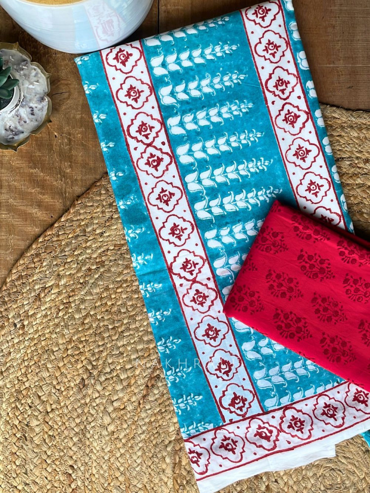 Image of Varnika Blue Block Print Saree with Traditional Motifs