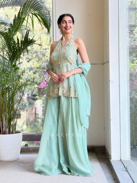 Zireya Sea Green Embellished Indo-Western Set