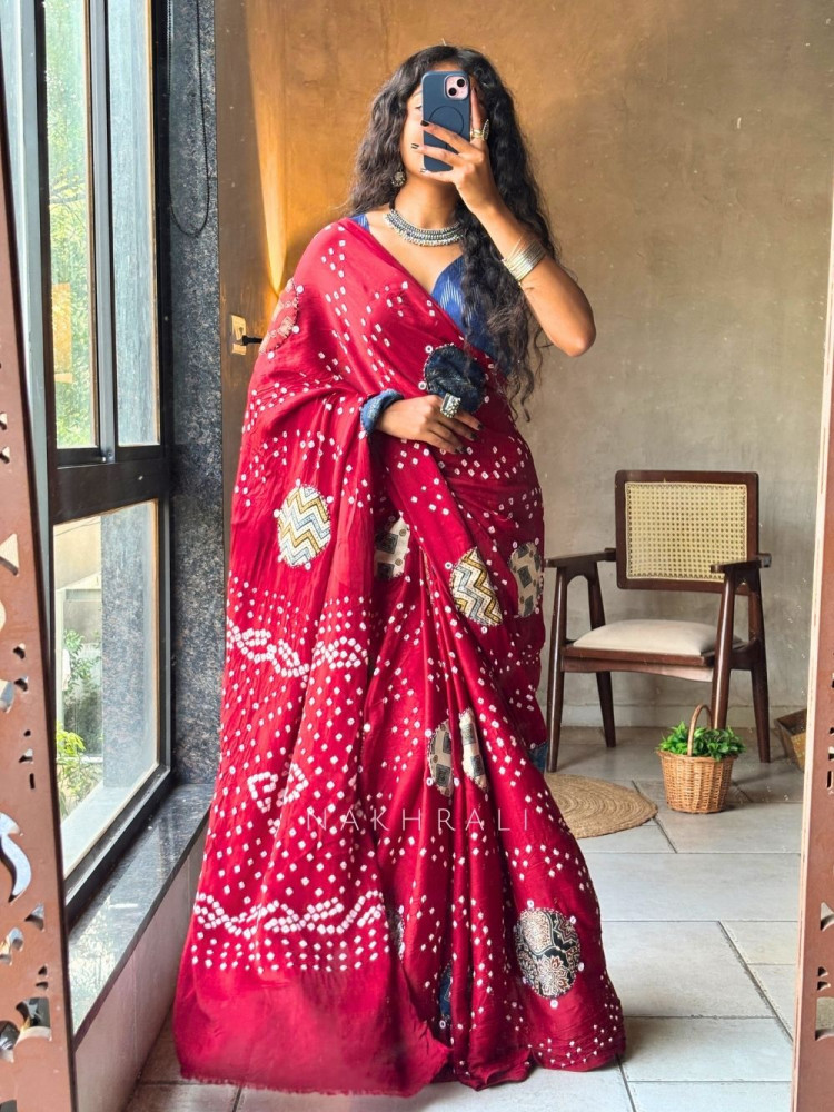 Image of Manjari Red Bandhej Saree with Running Blouse Piece