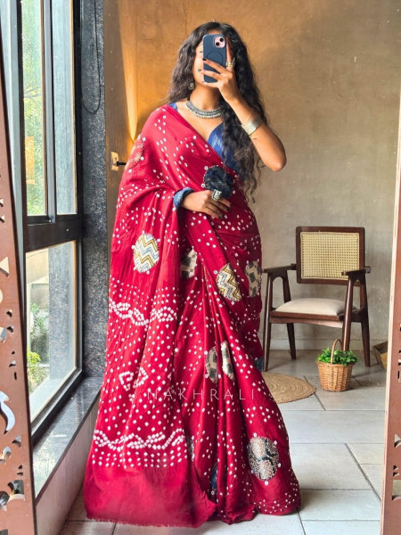 Manjari Red Bandhej Saree with Running Blouse Piece