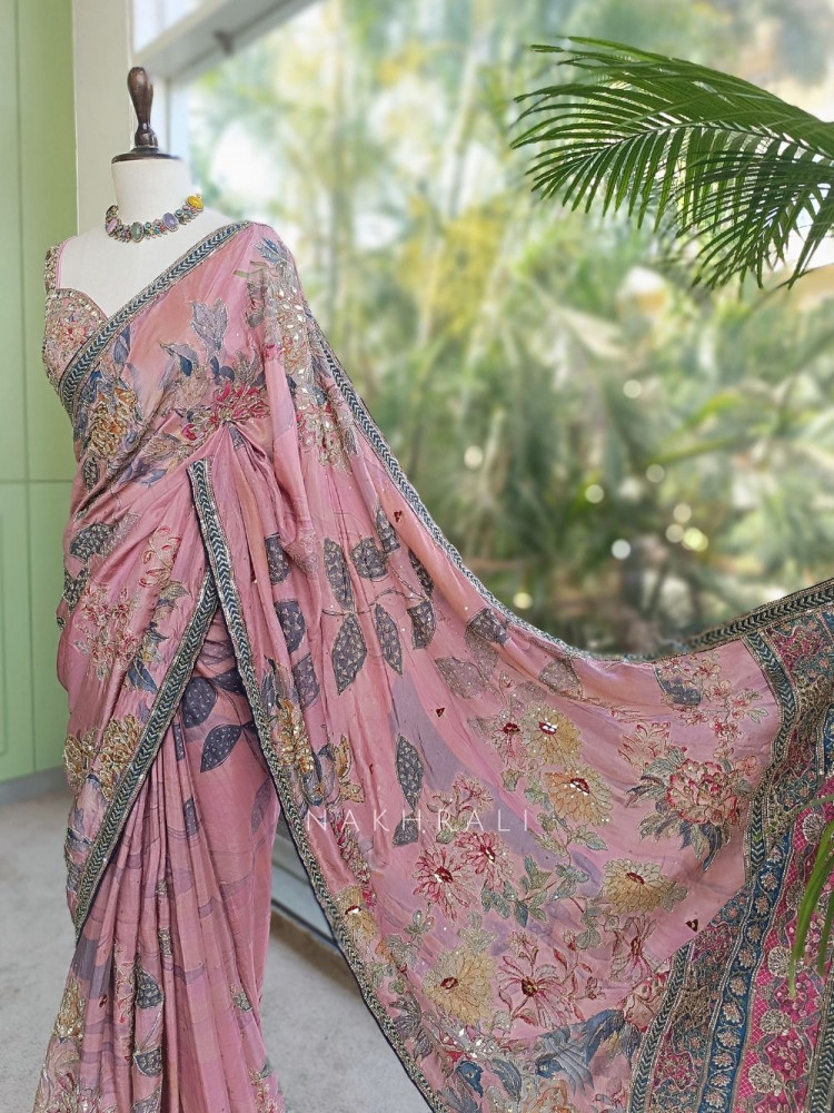 Image of Iris Light Purple Saree with Mirror &amp; Embroidery Blouse