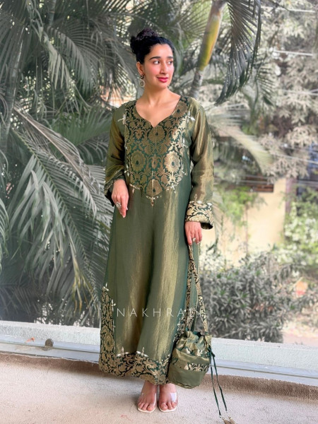 Zeenat Green Embroidered Side-Slit Dress with Matching Potli