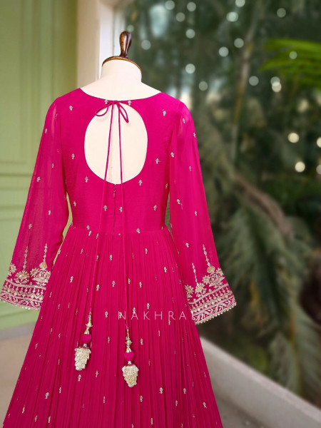 Fuchsia Magenta Georgette Anarkali Set with Embroidered Neck Work