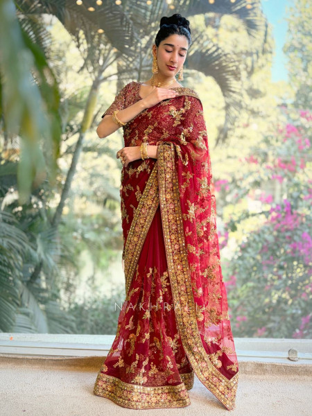 Yuvika Maroon Net Saree with Embroidery Work