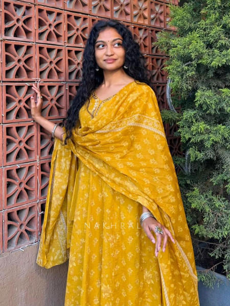 Zyora Mustard Cotton Suit Set with Mirror Work & Floral Print