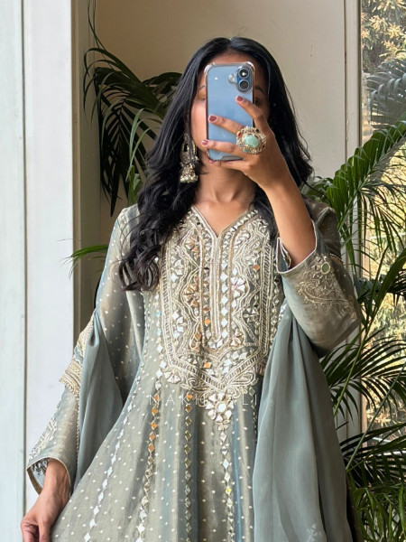 Sylvara Grey Tissue Suit Set with Mirror and Gota Patti Work