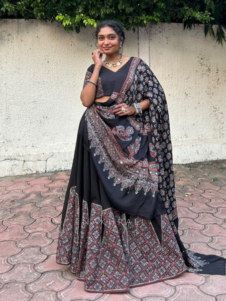 kalindi black Pure Cotton Chaniya Choli Ajrakh Kalamkari Patchwork & Gota Detail