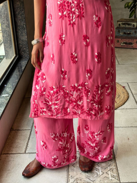 Solira Coral Pink Rayon Kurta Pant Set with Chikankari Work