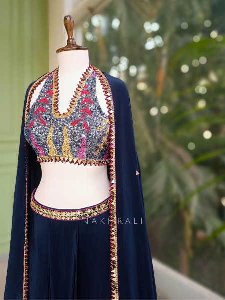 Willow Navy Blue Halter Indo-Western Set with Cape Shrug