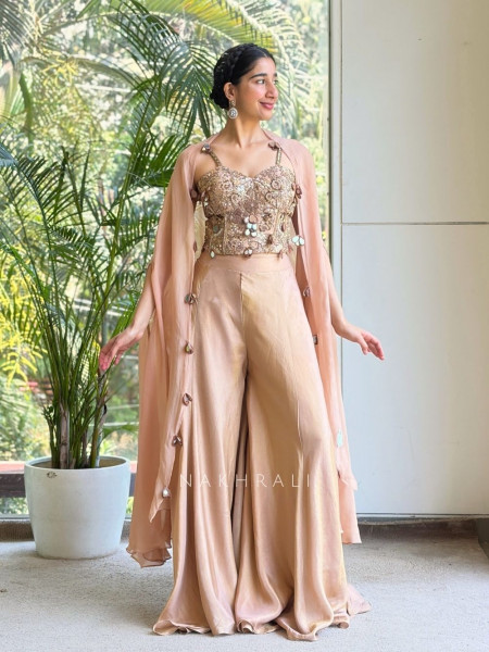 Zelvara Beige Embellished Corset & Palazzo Set with Dupatta