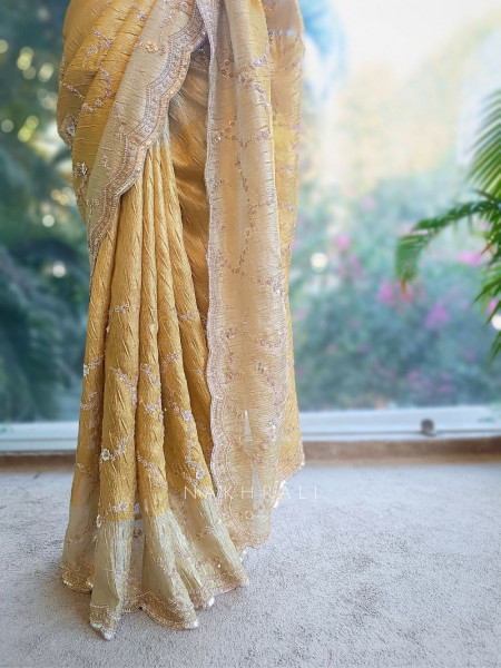 Aarna Gold Beige Organza Saree with Sequin Cut Dana Work