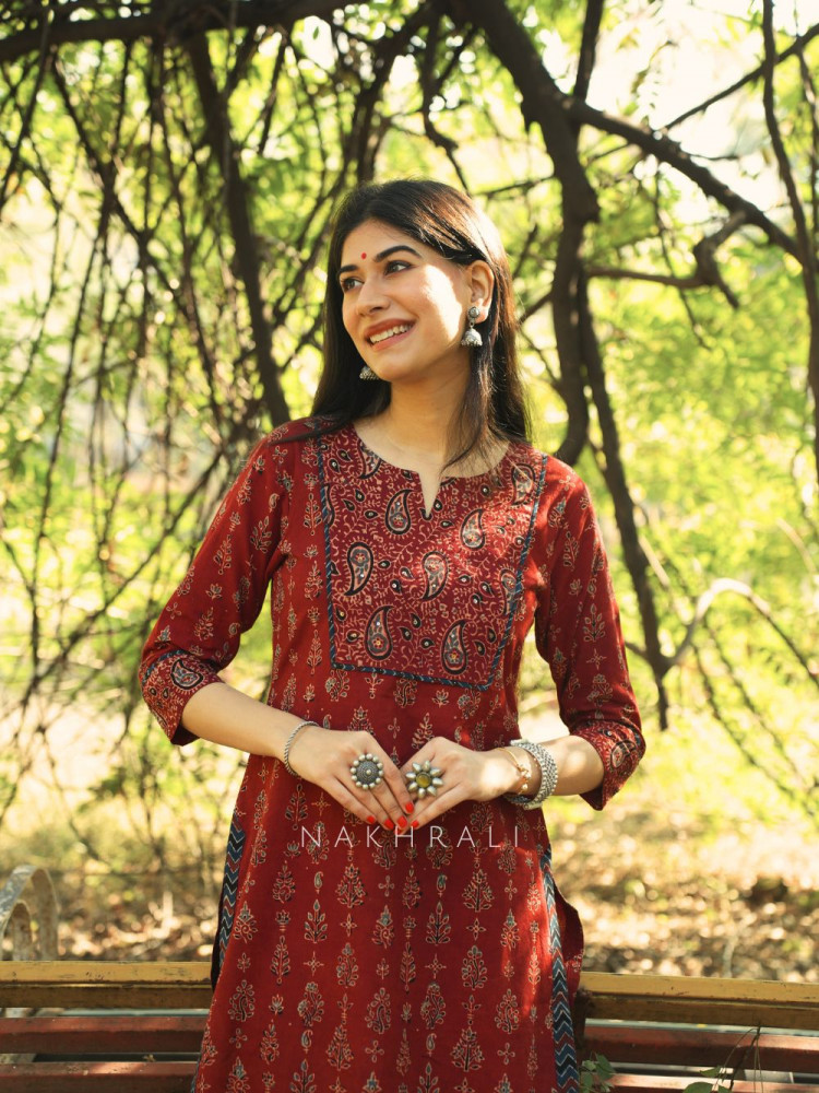 Image of Red and Blue Cotton Handblock Printed Kurta Pant Set