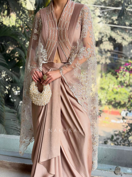 Elara Brown Indo-Western Skirt Set with Cape