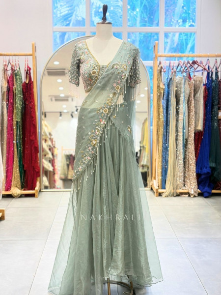 Madhavi Sea Green Crop Top Skirt Set With Floral Embroidery