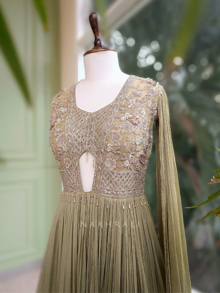 Zyana Green Indo-Western Gown with Sequin Detailing