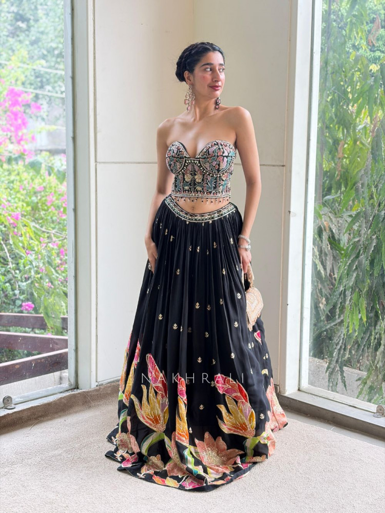 Image of Noir Bloom Embroidered Crop Top &amp; Skirt Set