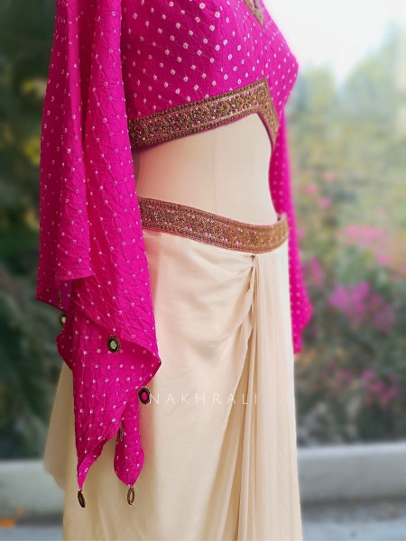 Verin Pink Ivory Crop Top and Skirt Set with Embroidered Work